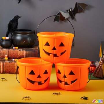 JOYIN 6PCS Halloween Trick or Treat Pumpkin Bucket, Jack O Lantern Candy Basket and Buckets for Trick or Treating, Orange Halloween Pails with Handle for Kids Halloween Party Favors Supplies Props