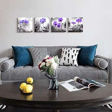 Wall Art For Living Room Black and White purple flower Canvas Wall Decor for Home Decor artwork painting 12" x 12" 4 Pieces Canvas Print For bedroom Decor Modern Salon kitchen Still Life Painting