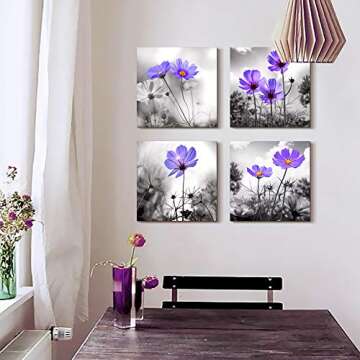 Wall Art For Living Room Black and White purple flower Canvas Wall Decor for Home Decor artwork painting 12" x 12" 4 Pieces Canvas Print For bedroom Decor Modern Salon kitchen Still Life Painting