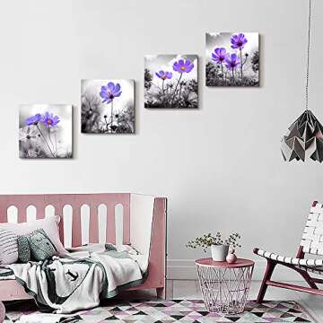 Wall Art For Living Room Black and White purple flower Canvas Wall Decor for Home Decor artwork painting 12" x 12" 4 Pieces Canvas Print For bedroom Decor Modern Salon kitchen Still Life Painting