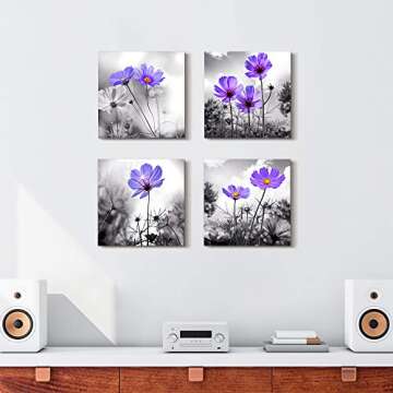 Wall Art For Living Room Black and White purple flower Canvas Wall Decor for Home Decor artwork painting 12" x 12" 4 Pieces Canvas Print For bedroom Decor Modern Salon kitchen Still Life Painting