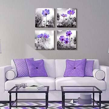 Wall Art For Living Room Black and White purple flower Canvas Wall Decor for Home Decor artwork painting 12" x 12" 4 Pieces Canvas Print For bedroom Decor Modern Salon kitchen Still Life Painting