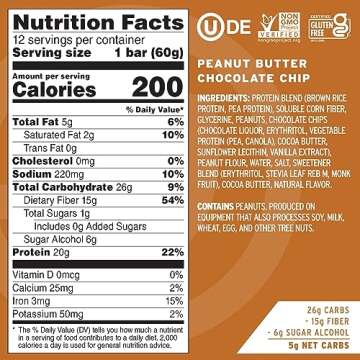 No Cow High Protein Bars, Peanut Butter Chocolate Chip - Healthy Snacks, 20g Vegan Protein, High Fiber, Low Sugar, Dairy & Gluten Free (12 Count)