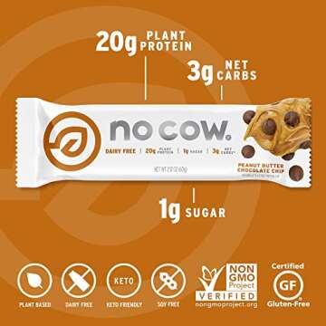 No Cow High Protein Bars, Peanut Butter Chocolate Chip - Healthy Snacks, 20g Vegan Protein, High Fiber, Low Sugar, Dairy & Gluten Free (12 Count)