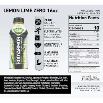 BODYARMOR ZERO Sugar Lemon Lime, Sugar Free Sports Drink - Low-Calorie Hydration - Natural Flavors with Potassium Packed Electrolytes, Antioxidants, and B-vitamins, 16 fl oz (pack of 12)