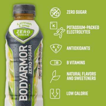 BODYARMOR ZERO Sugar Lemon Lime, Sugar Free Sports Drink - Low-Calorie Hydration - Natural Flavors with Potassium Packed Electrolytes, Antioxidants, and B-vitamins, 16 fl oz (pack of 12)