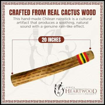 Africa Heartwood Project 20" Cactus Rainstick from Chile - Authentic Handcrafted Rain Stick Musical Instrument with Rasta Yarn Wrap and Durable Sealant