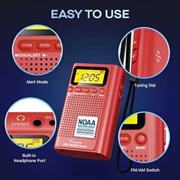 Vondior Portable NOAA Weather Radio, Battery Operated Emergency NOAA/AM/FM Radio with Best Reception, Pocket Weather Alert Radio with Headphone Jack, Gifts for Lover, Parents and Friends (Red)