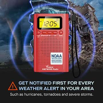 Vondior Portable NOAA Weather Radio, Battery Operated Emergency NOAA/AM/FM Radio with Best Reception, Pocket Weather Alert Radio with Headphone Jack, Gifts for Lover, Parents and Friends (Red)