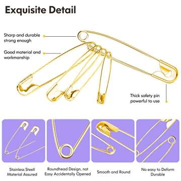 Safety Pins Assorted, 340-Pack 5 Different Sizes Safety Pins Heavy Duty, Large Small Safety Pin for Clothes Sewing Jewelry Making, Arts and Crafts Supplies, Gold