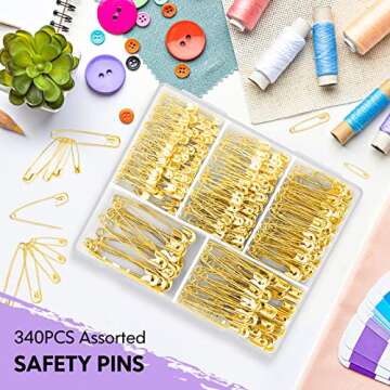 Safety Pins Assorted, 340-Pack 5 Different Sizes Safety Pins Heavy Duty, Large Small Safety Pin for Clothes Sewing Jewelry Making, Arts and Crafts Supplies, Gold