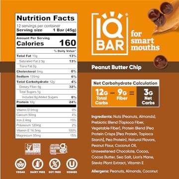 IQBAR Brain and Body Plant Protein Bars - Peanut Butter Chip - 12 Count, Low Carb, High Fiber, Gluten Free, Vegan Snacks - Low Sugar Keto Energy Bars