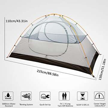 Bessport 2 Person Tent for Camping, Easy Setup Backpacking Tent Lightweight with Two Doors, Waterproof & Windproof Hiking Tent for 3-4 Seasons, Outdoor, Mountaineering and Travel