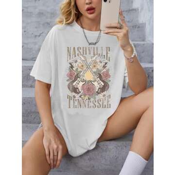 Nashville Music City T-Shirt Women Country Music Oversized Shirts Rock Band Tshirt Vintage Guitar Wings Graphic Tees(White-2,Large)