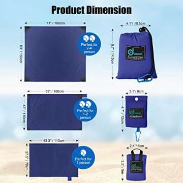 Odoland Beach Blanket Picnic Blanket, 43" x 63" SandProof Waterproof Outdoor Pocket Blanket with Portable Bag, Foldable Lightweight Sand Free Quick Drying Beach Mat for Hiking Camping Travel, Blue