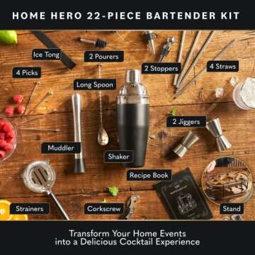 Home Hero Elegant 22-Piece Bartender Kit with Wooden Stand, Premium Bar Set & Cocktail Shaker, Gift for Home Bar and Cocktail Enthusiasts, Essential Bar Accessories with Recipe Book (22 Pcs - Silver)