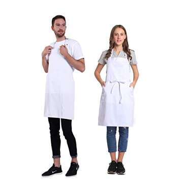 BIGHAS Adjustable Bib Apron with Pocket Extra Long Ties for Women Men, 18 Colors, Chef, Kitchen, Home, Restaurant, Cafe, Cooking, Baking (White)