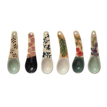 Creative Co-Op Hand-Painted Stoneware Spoon with Floral Design Handle, 6 Styles (Each One Will Vary) Entertaining Tools, Multi