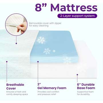 6/8/10/12 Full Cooling Gel Memory Foam Mattress for Cool Sleep Medium Firm CertiPUR-US Certified Mattress in a Box Pressure Relief Removable Cover No Fiberglass (Full, 8 in)