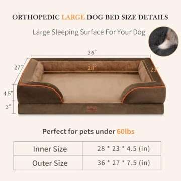 Comfort Expression Large Dog Beds Orthopedic Foam, Waterproof Dog Beds for Large Dogs Sofa Comfy Pet Bed with Washable Removable Cover & Non-Slip Bottom(Large,Brown)