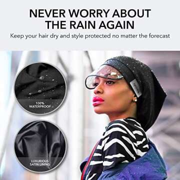 Hairbrella 100% Waterproof Rain Hat, Satin-Lined Cap, UV Sun Protection, Full Hair Coverage, Packable Travel Accessory (Paloma)