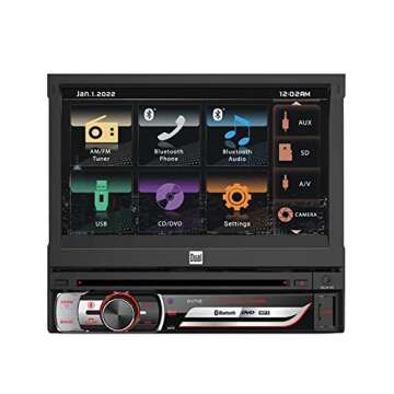 Dual Electronics DV712 7-inch AM/FM Motorized Flip Out LED Media Touch Screen Single DIN Car Stereo Radio with CD & DVD Player, Siri/Google Voice Assist, Bluetooth, USB and microSD Inputs