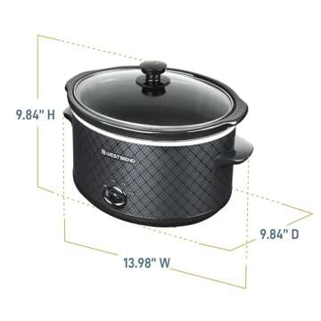 West Bend Slow Cooker 4-Quart Manual Crockery Style with Oval Ceramic Crockpot and Glass Lid, 210-Watts, Black