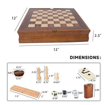 GSE Games & Sports Expert Wooden 7-in-1 Board Game Set - Chess, Checkers, Backgammon, Dominoes, Cribbage Board, Playing Card & Poker Dice Game Combo Set (Old Fashioned)