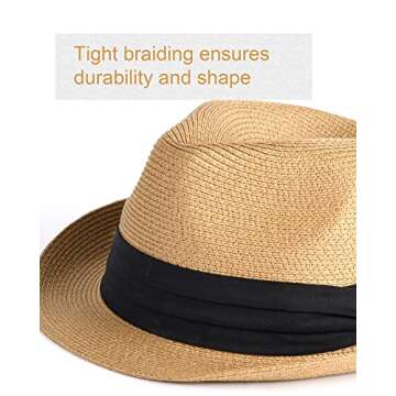 FURTALK Fedora Straw Sun Hat for Men Women Foldable Packable Short Brim Trilby Hat Panama Beach Hat UPF 50+ (Khaki, Medium)