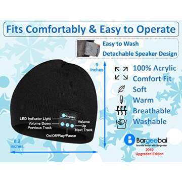 Bargeebai Unisex Beanie Hat Bluetooth Wirless Upgraded Loud Stereo Speaker Unique Awesome Cute Fall Winter Birthday Tech Gifts Under 20 Teen Boy Man Woman Girl Knit Skull Cap (Black)