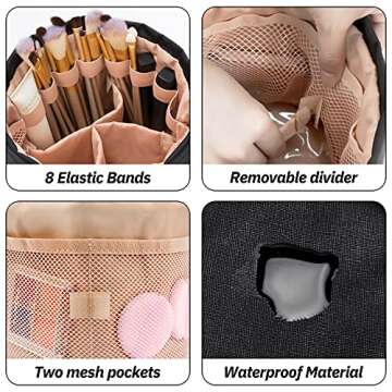 OCHEAL Drawstring Makeup Bag, Portable Cosmetic Bag Travel makeup Organizer Bags Toiletry Storage Cosmetics Barrel Bags with Drawstring Bucket Round Pocket For Women/Men-Black