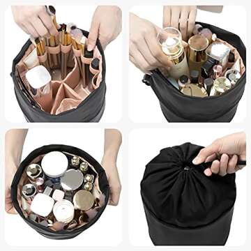 OCHEAL Drawstring Makeup Bag, Portable Cosmetic Bag Travel makeup Organizer Bags Toiletry Storage Cosmetics Barrel Bags with Drawstring Bucket Round Pocket For Women/Men-Black