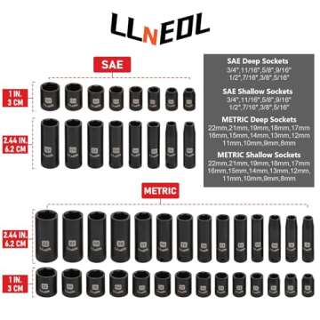 LLNEDL 3/8" Drive Impact Socket Set 95Pcs, Spark Plug Socket (5/8", 13/16"), 6 Point Metric & SAE from 5/16"- 3/4", 8-22mm, CR-V Deep & Shallow Kit with Quick Release Ratchet (72-Tooth) for Home & DIY