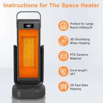 Heaters for Indoor Use, Space Heater for Large Room with 60° Adjustable Angle 3D Oscillating, Thermostat,4 Mode 2s Fast Safe Heating, Potable Electric Heaters for Bedroom,Bathroom,Office,Garage