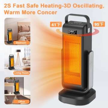 Heaters for Indoor Use, Space Heater for Large Room with 60° Adjustable Angle 3D Oscillating, Thermostat,4 Mode 2s Fast Safe Heating, Potable Electric Heaters for Bedroom,Bathroom,Office,Garage