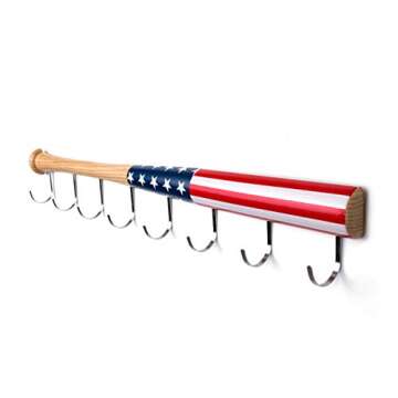 Coat Rack Wall Mount with 8 Hooks on Hardwood Baseball Bat. Fully Assembled, Fun Clothes Hanger. Unique Gift for Sports Fans. for Display on Door in Entryway, Bathroom, Kids Room Color:American Flag