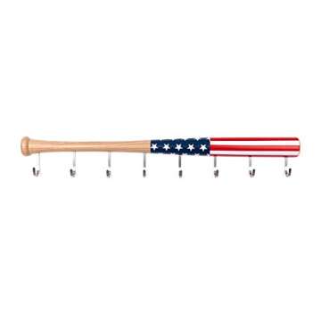 Coat Rack Wall Mount with 8 Hooks on Hardwood Baseball Bat. Fully Assembled, Fun Clothes Hanger. Unique Gift for Sports Fans. for Display on Door in Entryway, Bathroom, Kids Room Color:American Flag