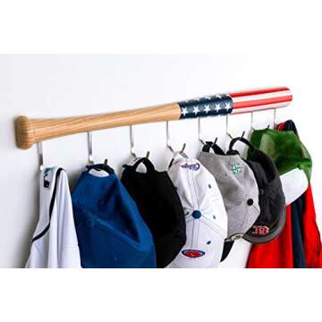 Coat Rack Wall Mount with 8 Hooks on Hardwood Baseball Bat. Fully Assembled, Fun Clothes Hanger. Unique Gift for Sports Fans. for Display on Door in Entryway, Bathroom, Kids Room Color:American Flag