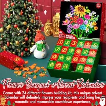 Advent Calendar 2024 for Kids Adults Teens, 24 Days STEM Sunflower Bouquet Building Blocks Christmas Countdown Calendar Gifts Box with Artificial Flowers Bricks Toy Set for Boys Girls Women Men Age 6+