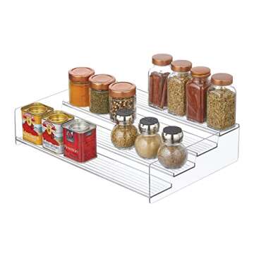 mDesign Plastic Kitchen Food Storage Organizer 4-Tiered Shelves, Spice Holder Rack Steps for Cabinet, Cupboard, Counter, Pantry - Holds Seasoning, Canned Food, Condiments - Clear