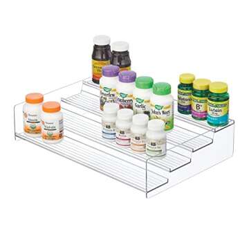 mDesign Plastic Kitchen Food Storage Organizer 4-Tiered Shelves, Spice Holder Rack Steps for Cabinet, Cupboard, Counter, Pantry - Holds Seasoning, Canned Food, Condiments - Clear