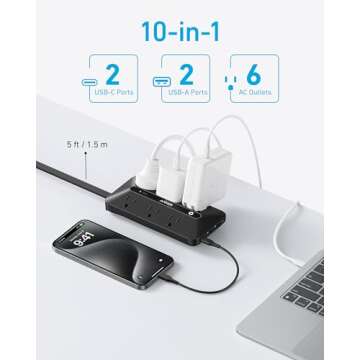 Flat Plug Power Strip 300J, Anker USB C Power Strip, 10-in-1 Ultra Thin Power Strip with 6 AC, 2 USB A and 2 USB C Ports,5ft Extension Cord, Desk Charging Station,Home Office College Dorm Room Black