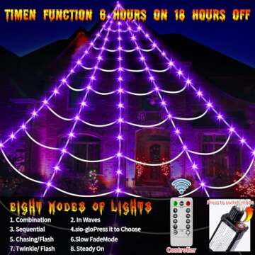 Halloween Giant Spider Web Lights Decorations Outdoor, 16.4Ft 220 LED Lighted Spider Web Light up with 8 Modes Waterproof Timer for Yard House Halloween Outdoor Decor Purple Spiderweb