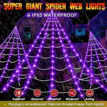 Halloween Giant Spider Web Lights Decorations Outdoor, 16.4Ft 220 LED Lighted Spider Web Light up with 8 Modes Waterproof Timer for Yard House Halloween Outdoor Decor Purple Spiderweb