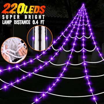 Halloween Giant Spider Web Lights Decorations Outdoor, 16.4Ft 220 LED Lighted Spider Web Light up with 8 Modes Waterproof Timer for Yard House Halloween Outdoor Decor Purple Spiderweb