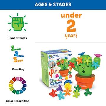 Learning Resources Carlos The Pop & Count Cactus, Top Toddler Toys, Preschool, Fine Motor Skills, Educational Toys, 16 Pieces, Age 18 Months