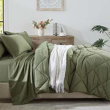 Zzlpp Full Size Bed in a Bag 7 Pieces, Olive Green Bed Comforter Set with Comforters and Sheets, All Season Bedding Sets with 1 Comforter, 2 Pillow Shams, 2 Pillowcases, 1 Flat Sheet, 1 Fitted Sheet