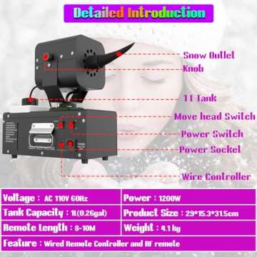 IMONE 1200w Snow Machine Christmas,Shake Snow Making Machine-45-Degree Oscillation,Large Tank Snow Machine Adjustable Snow Intensity,Outdoor Snow Maker Snowflake Machine,Wired,Wireless Remote