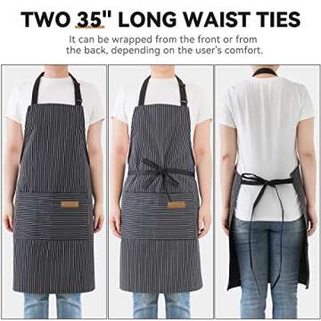 NLUS 2 Pack Kitchen Cooking Aprons, Adjustable Bib Soft Chef Apron with 2 Pockets for Men Women (Black Pinstripes)