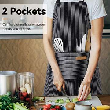 NLUS 2 Pack Kitchen Cooking Aprons, Adjustable Bib Soft Chef Apron with 2 Pockets for Men Women (Black Pinstripes)